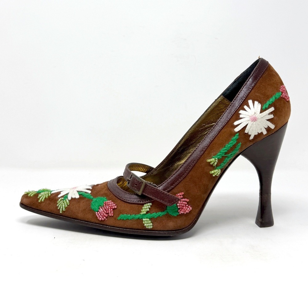 Vintage D&G‎ Dolce Gabbana Brown Suede Embroidered Floral Mary Jane Heels 36